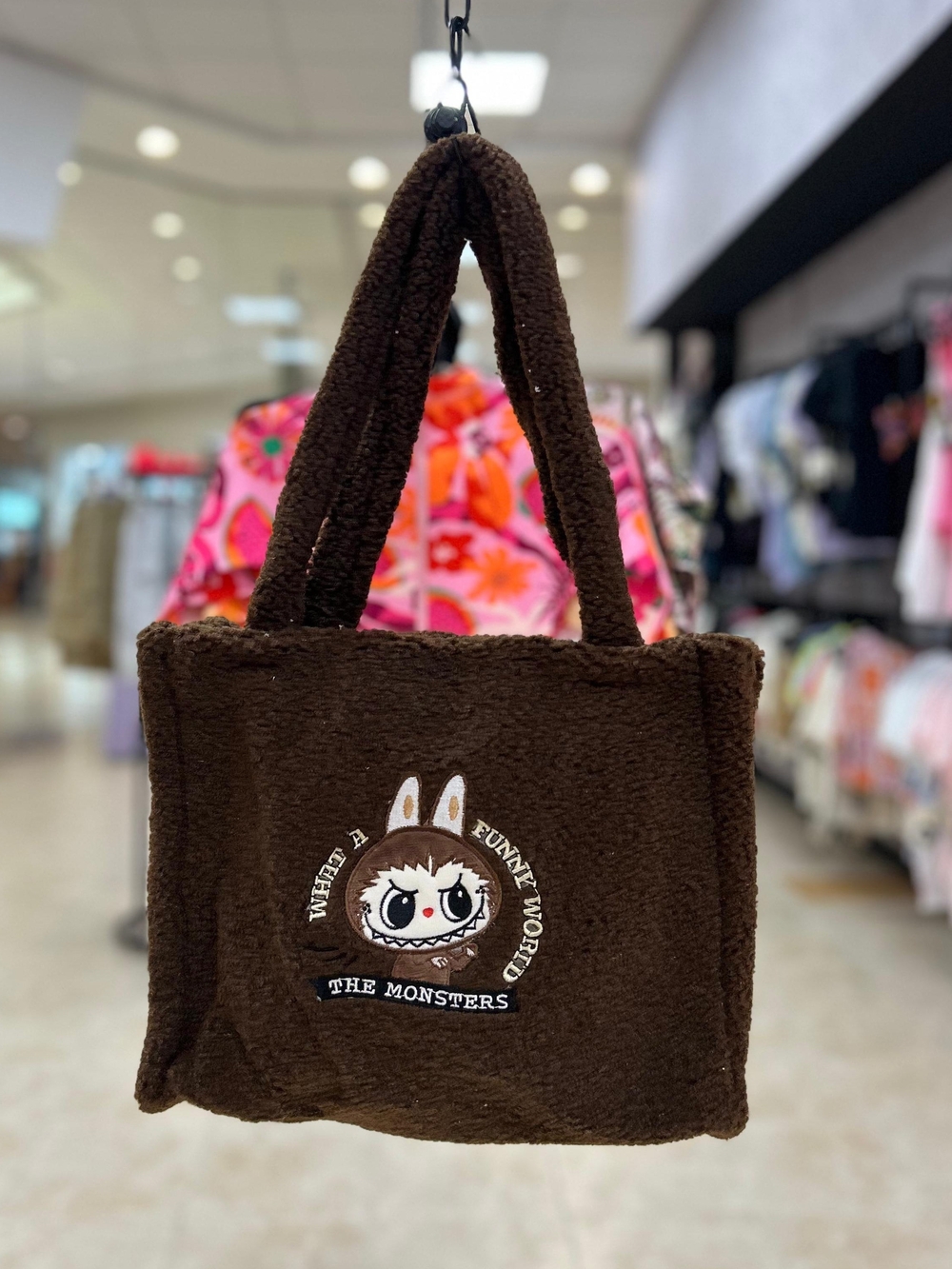 Plush Brown Kids Tote Bag with Cute Monster Embroidery